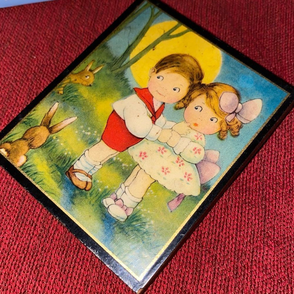 Vintage Wooden Mini Wall Hanger Art “Coy” Scene